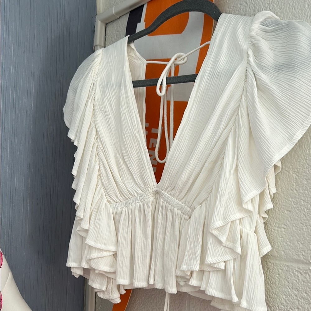 White Plunge Ruffled Blouse